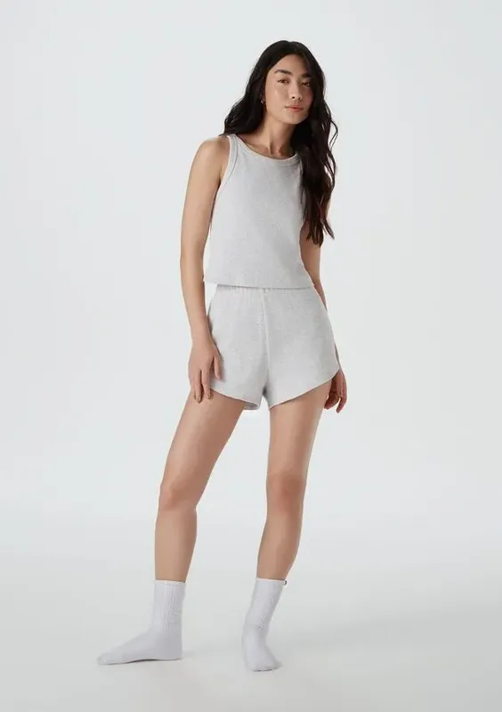 Pijama Curto Feminino Básico Em Ribana Canelada - Cinza G