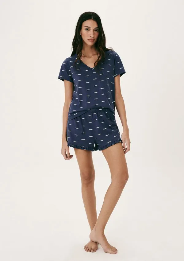 Pijama Curto Feminino Estampado Decote V - Azul G