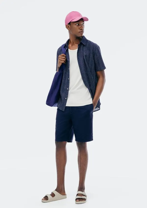 Bermuda Masculina Reta Texturizada Com Linho - Azul 038