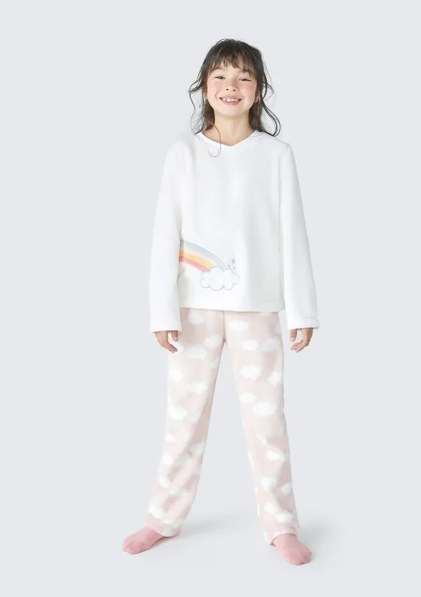 Pijama Infantil Menina Longo Estampado Em Fleece - Off white 002