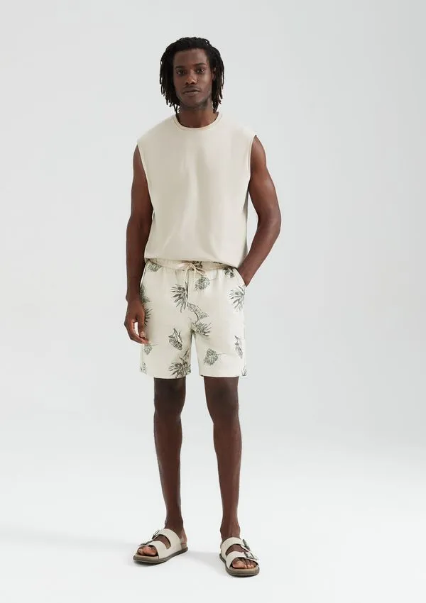 Bermuda Masculina Floral Em Linho - Bege G