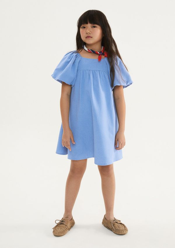 Vestido Infantil Curto Evasê Com Linho - Azul 006