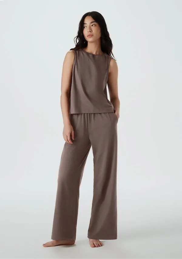 Pijama Longo Feminino Com Regata - Marrom XP