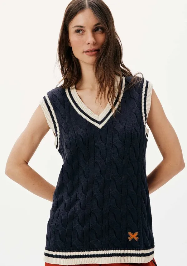 Colete Feminino Em Tricô Trançado - Azul M