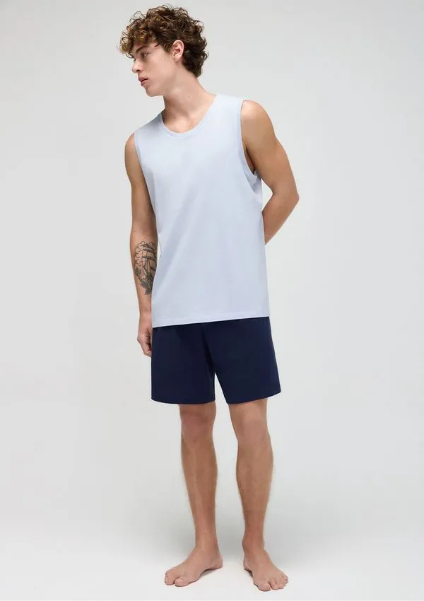 Pijama Curto Masculino Em Malha De Algodão - Azul P