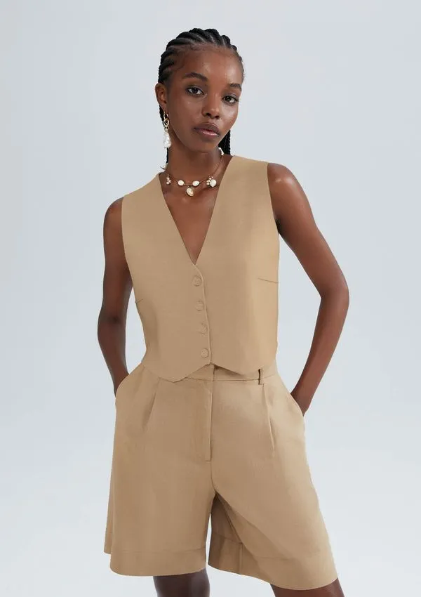 Colete Cropped Feminino Em Tricô Leve - Bege M