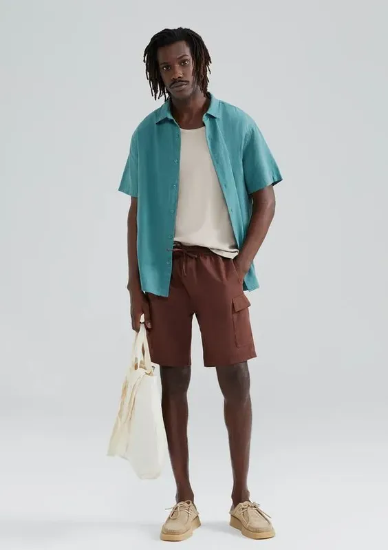 Shorts Masculino Cargo Com Linho - Marrom P