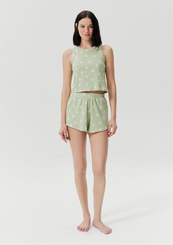Pijama Curto Feminino Estampado Em Ribana - Verde M