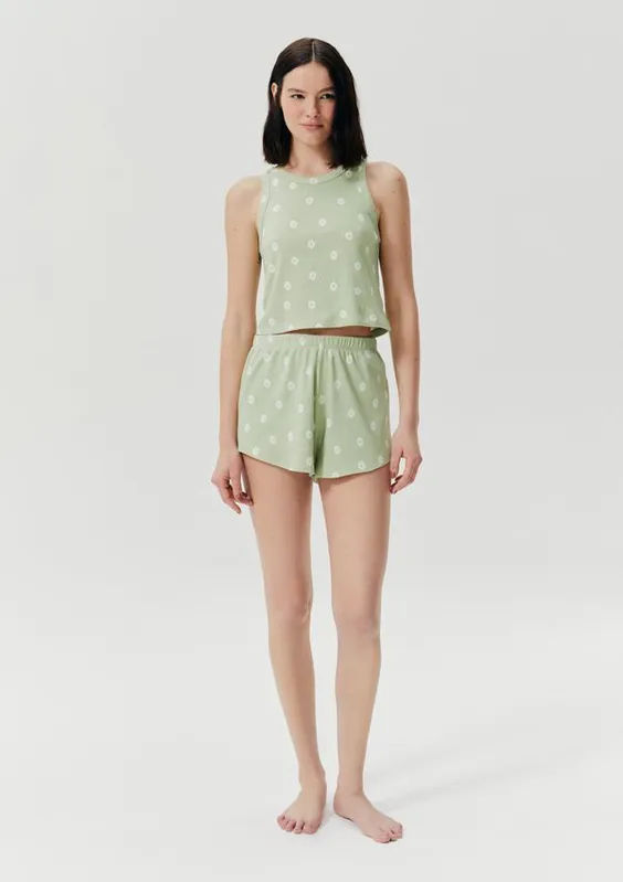 Pijama Curto Feminino Estampado Em Ribana - Verde M