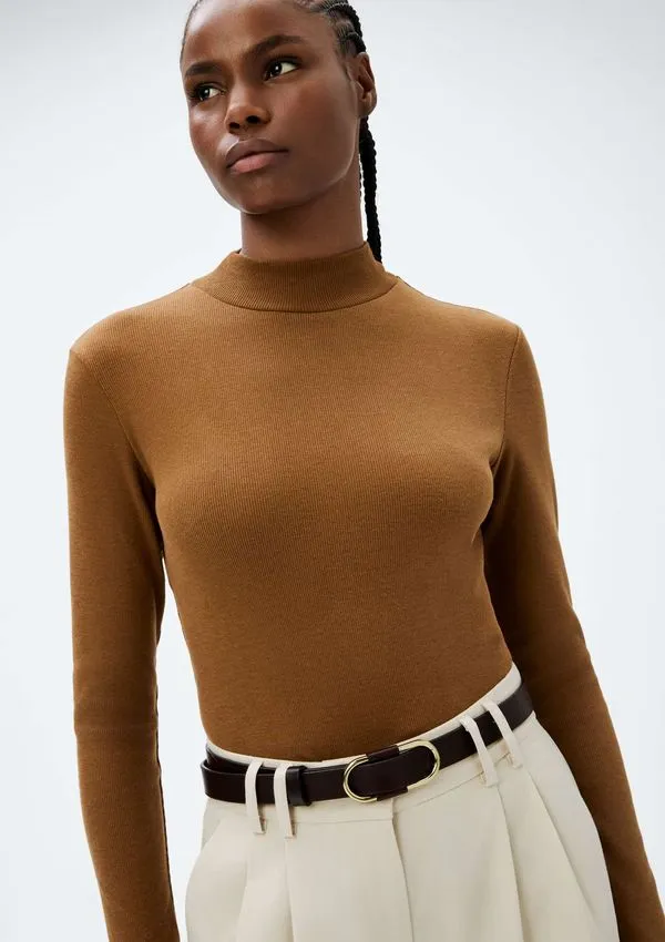 Blusa Básica Feminina Manga Longa Gola Alta Em Ribana Canelada - Marrom XXG