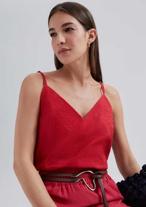 Regata Feminina Bordada Decote V - Vermelho XP