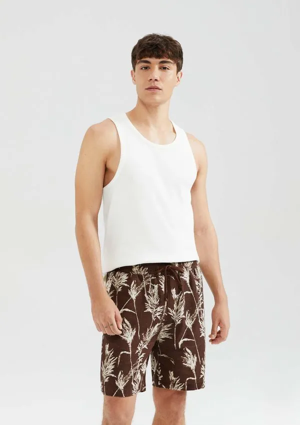 Bermuda Masculina Floral Em Linho - Marrom M