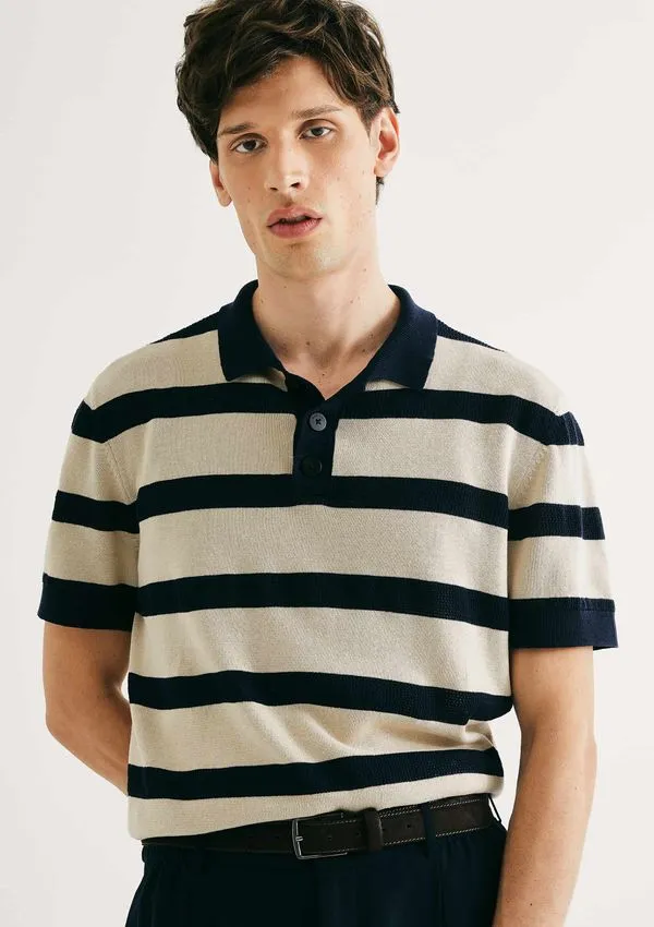 Polo Masculina Manga Curta Em Tricô Texturizado - Azul XG