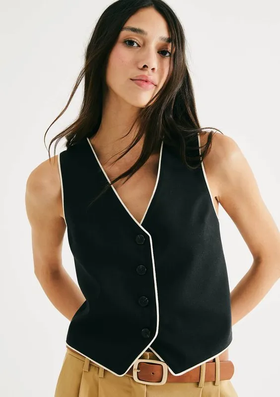 Colete Feminino Decote V Com Linho - Preto M