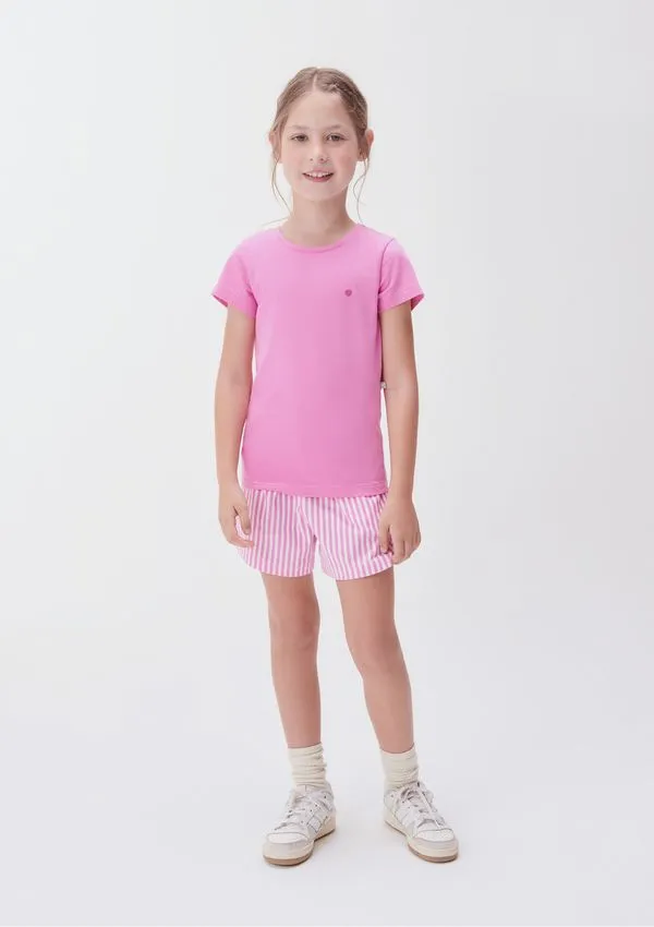 Blusa Básica Infantil Menina Manga Curta Slim Com Bordado Coração - Rosa 016