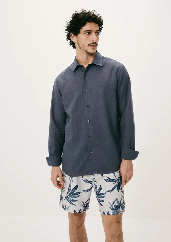 Camisa Masculina Manga Longa Listrada Em Linho - Azul XXG