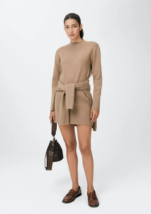 Vestido Curto Manga Longa Em Tricô - Bege M