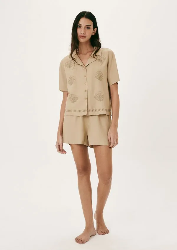 Pijama Curto Feminino Com Camisa Estampada - Bege P