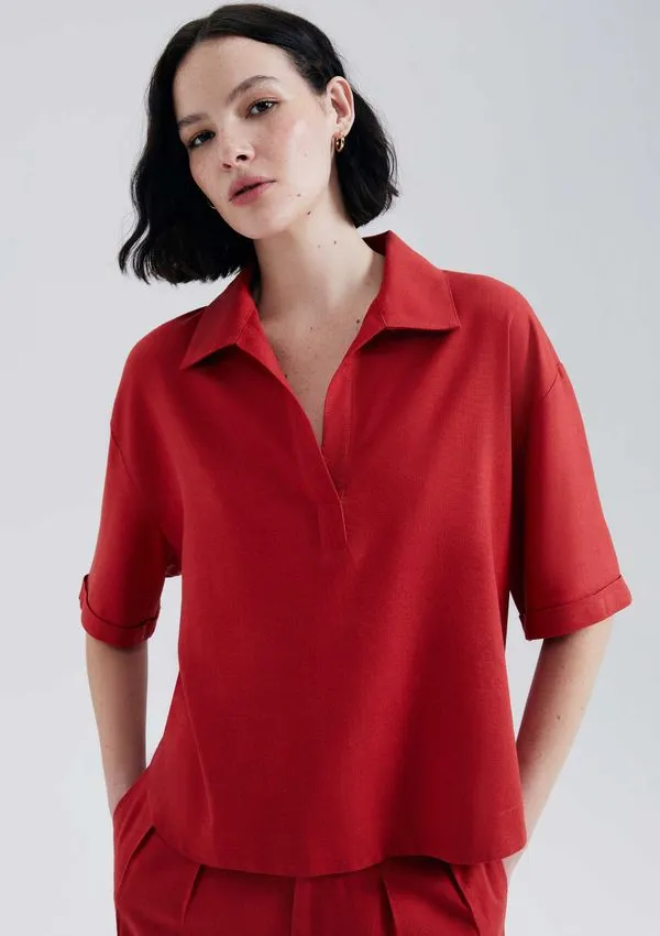 Camisa Polo Feminina Com Linho - Vermelho XP