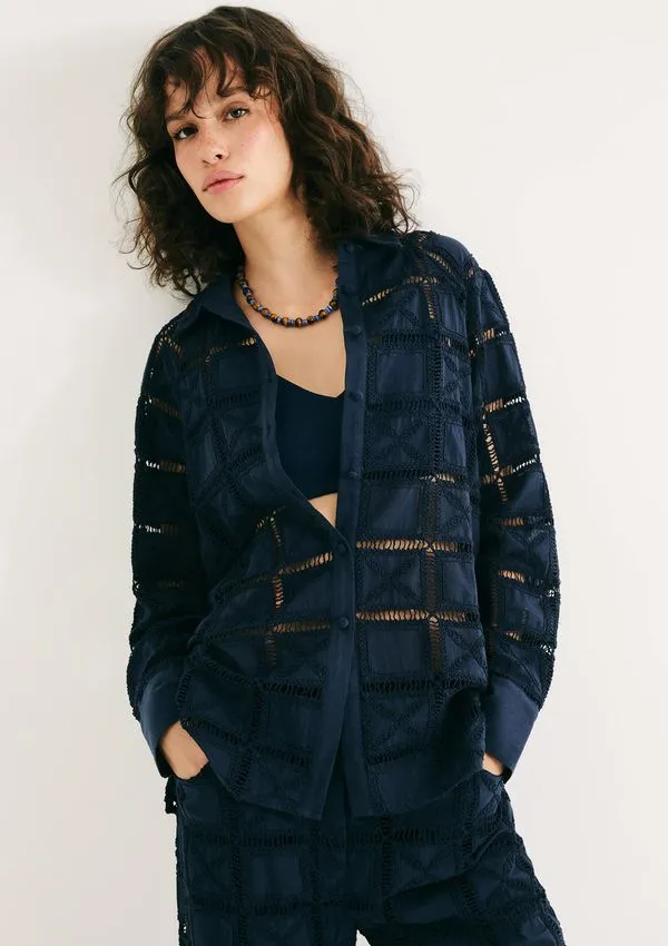 Camisa Feminina Manga Longa Em Laise - Azul XP
