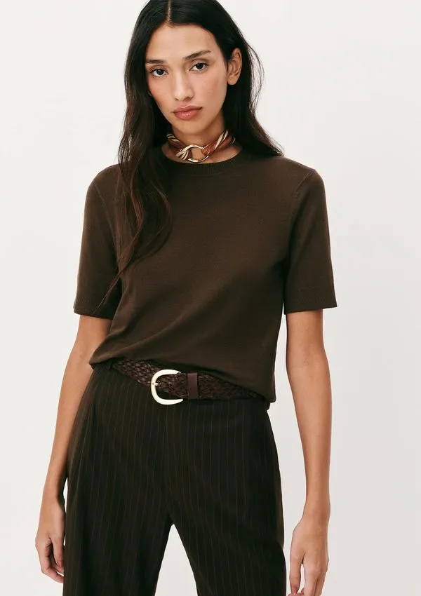 Blusa Feminina Manga Curta Em Tricô Leve - Marrom M