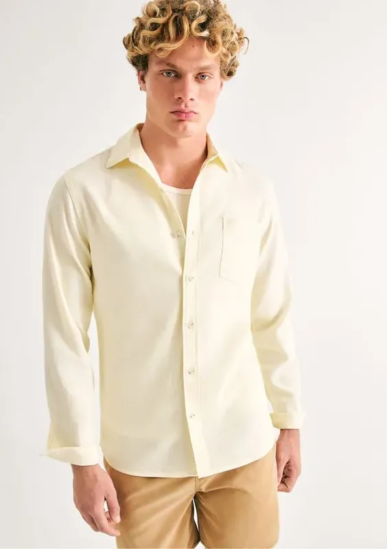 Camisa Básica Masculina Manga Longa Slim Em Linho - Amarelo G