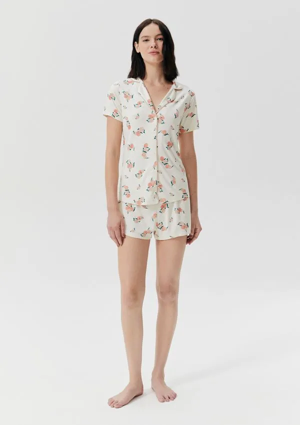 Pijama Curto Feminino Estampado Com Botões - Off white M