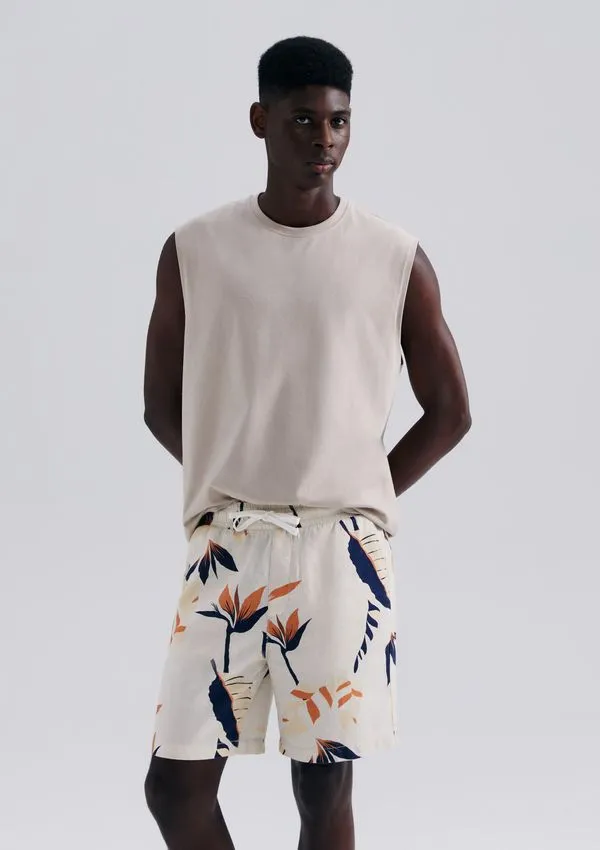 Bermuda Masculina Floral Em Linho - Bege M
