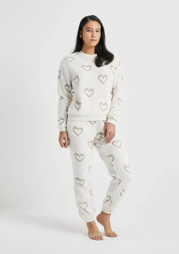 Pijama Feminino Longo Estampado Em Fleece - Off white XG