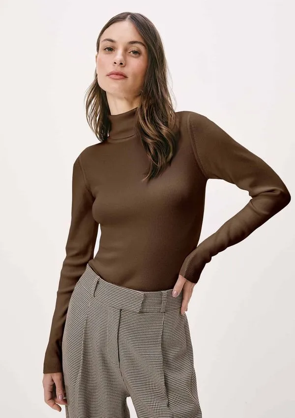 Blusa Feminina Manga Longa Em Tricô Canelado - Marrom P