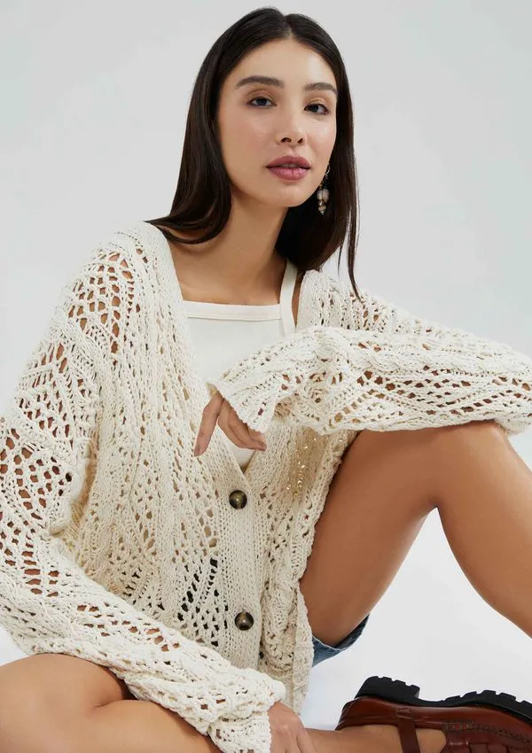 Cardigan Feminino Em Tricô Texturizado - Creme M
