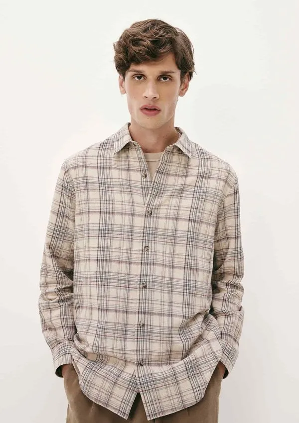 Camisa Masculina Manga Longa Xadrez Em Linho - Natural G