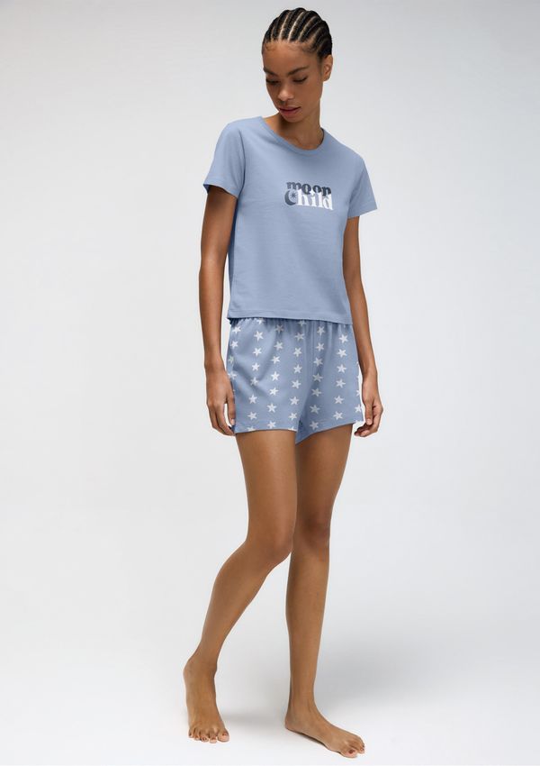 Pijama Curto Feminino Com Estampa - Azul M