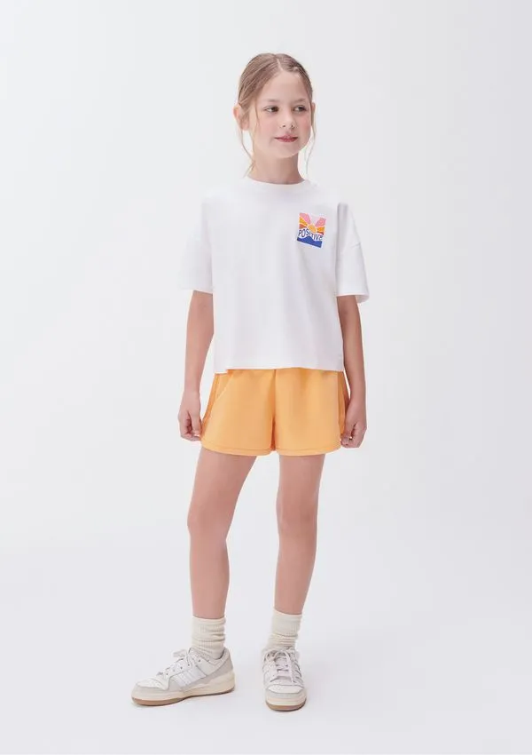 Conjunto Curto Em Moletom Infantil Menina Com Estampa - Laranja 005