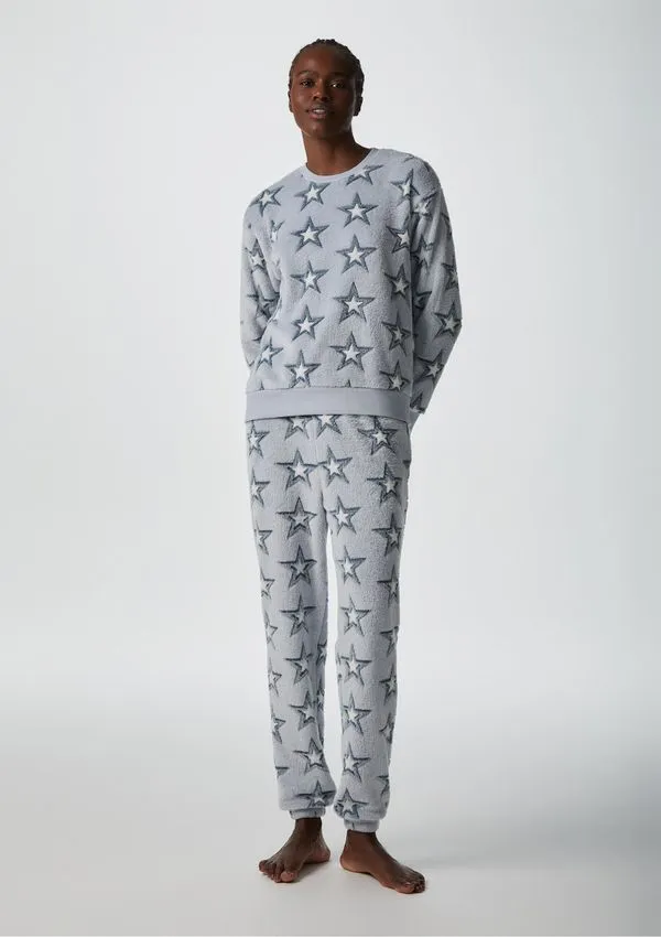 Pijama Longo Feminino Em Fleece Estrelas - Azul M
