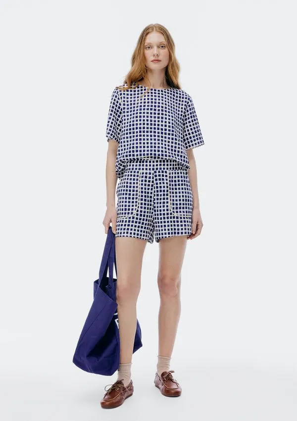 Shorts Feminino Estampado Em Viscose - Azul XP