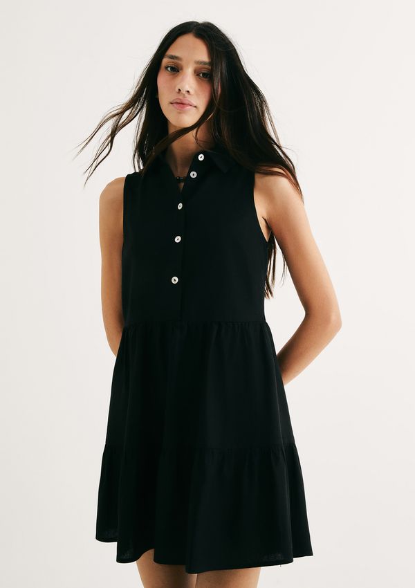 Vestido Curto Evasê Com Linho - Preto XG