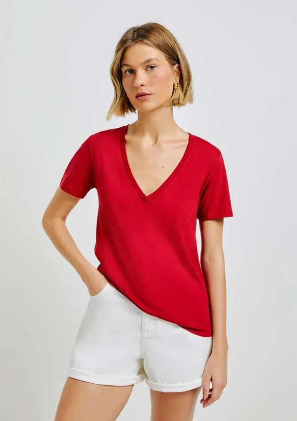 Blusa Básica Feminina Manga Curta Decote V - Vermelho XXG