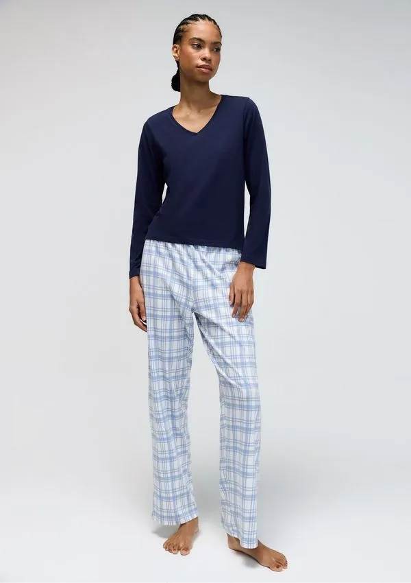 Pijama Longo Feminino Decote V - Azul XG