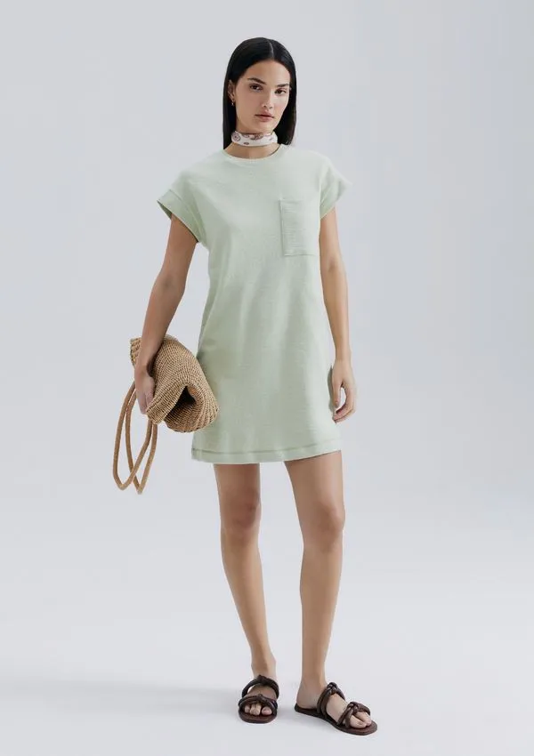 Vestido Básico Curto Texturizado Com Bolso - Verde XG