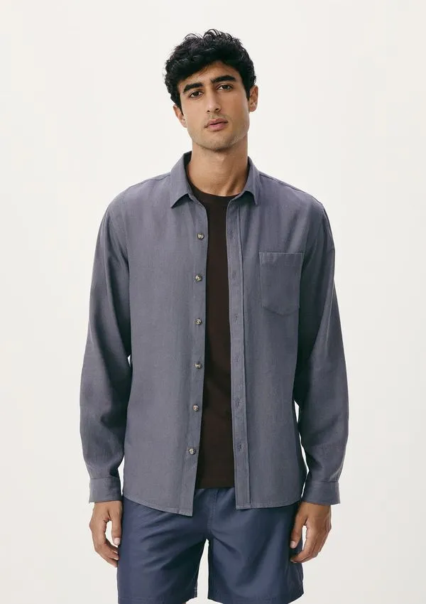 Camisa Básica Masculina Manga Longa Slim Em Linho - Azul G