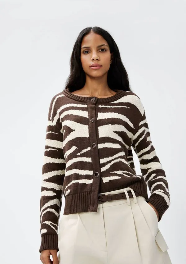 Cardigan Feminino Em Tricô Animal Print - Marrom G