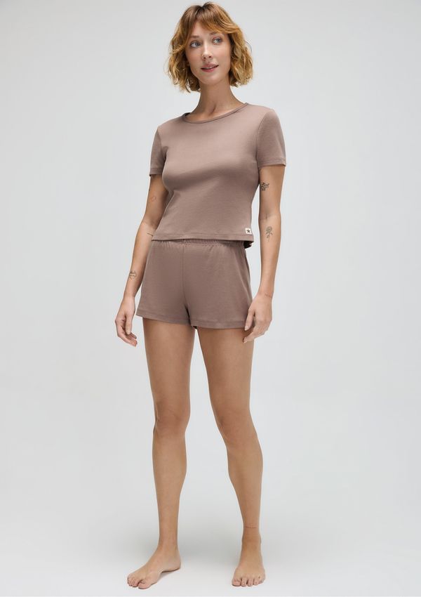 Pijama Curto Feminino Em Ribana Canelada - Marrom XG