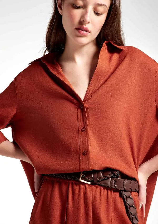 Camisa Feminina Manga 7/8 Com Linho - Terracota M