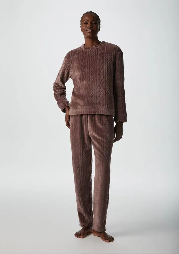 Pijama Longo Feminino Em Fleece - Marrom XP