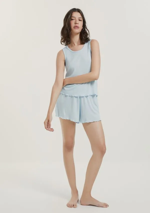 Pijama Curto Feminino Em Ribana - Azul P