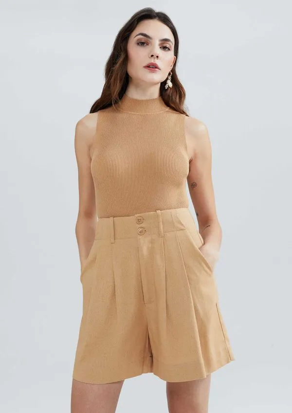 Shorts Feminino Em Alfaiataria Com Linho - Bege 040