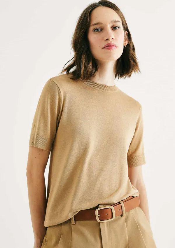 Blusa Feminina Manga Curta Em Tricô Leve - Bege G