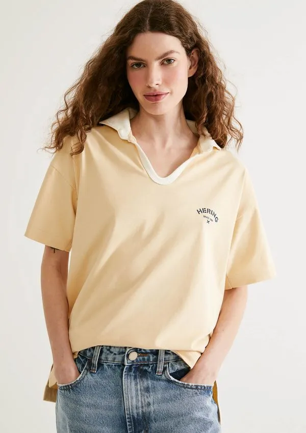 Camisa Polo Feminina Oversized Em Malha Binada - Amarelo XP