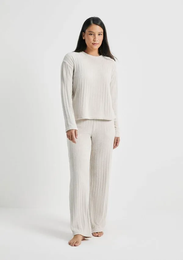Pijama Longo Feminino Em Tricô Chenille - Off white M